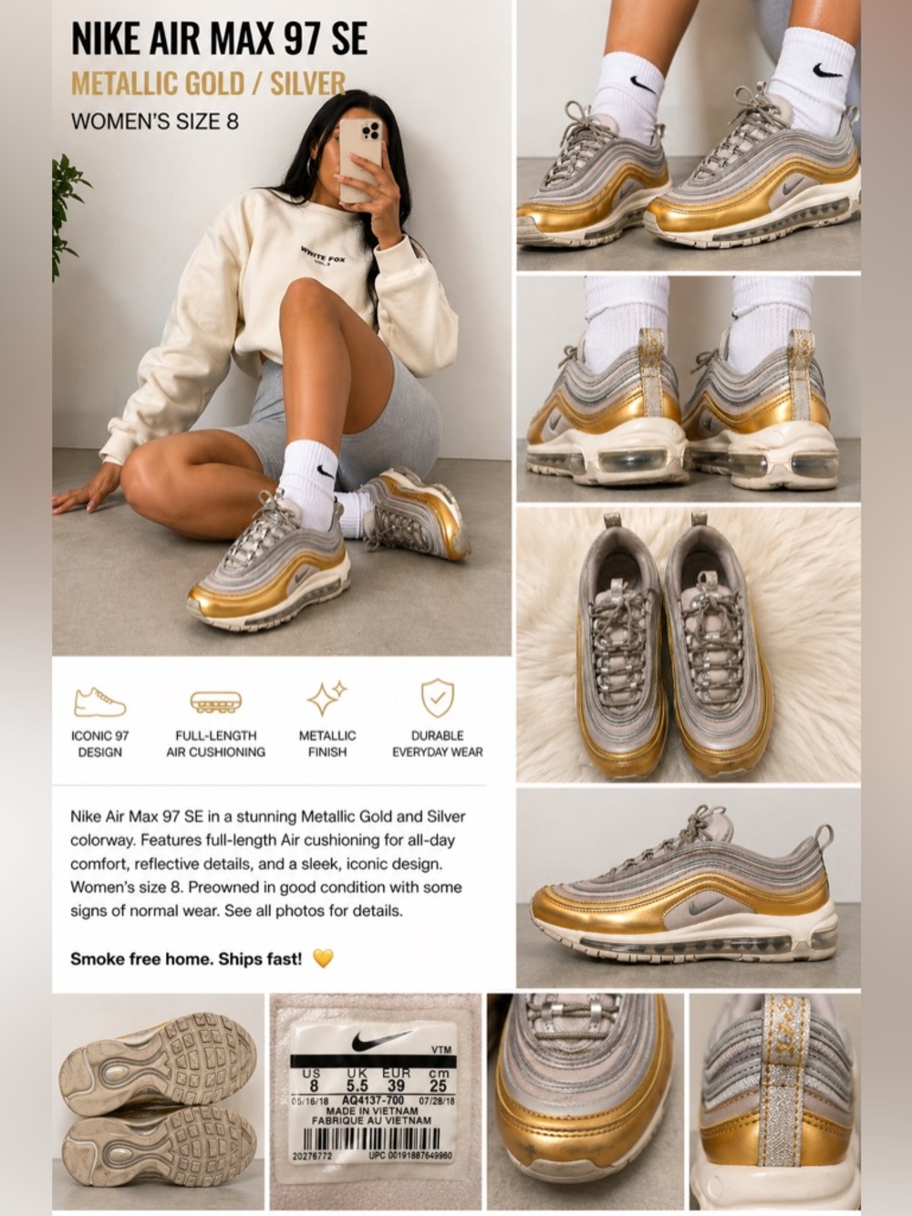 Nike Air Max 97 SE Metallic Gold Silver Sneakers Women’s Size 8 AQ4137-700